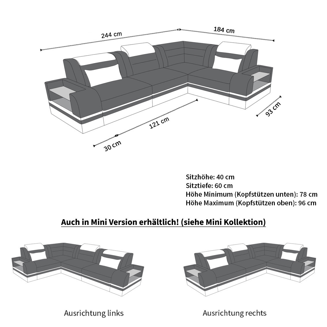 Maße für Sofa Trivento kurze Mini L Form mit Stoffbezug