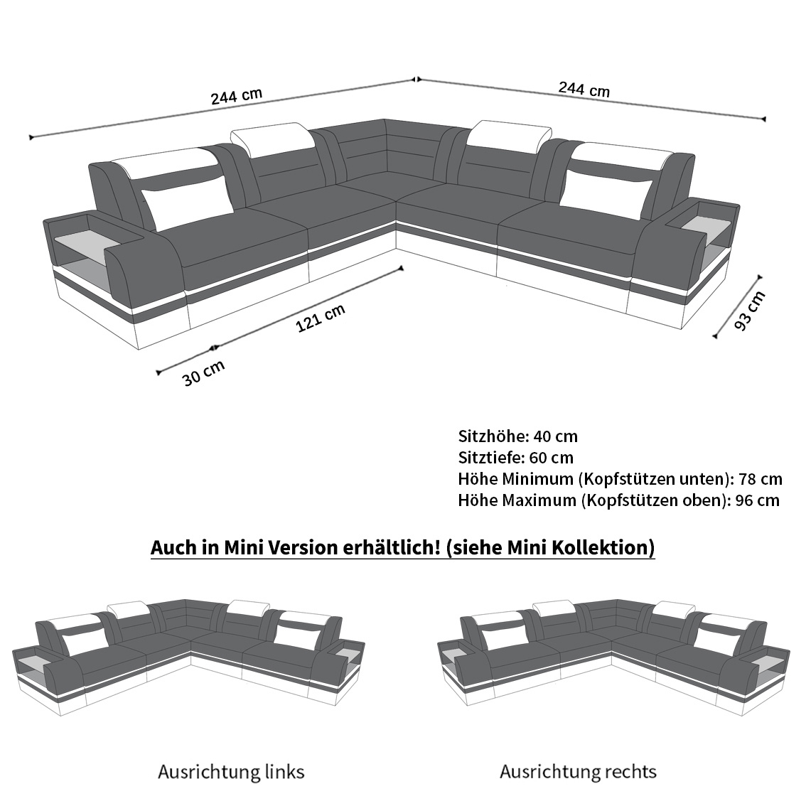 Maße für Sofa Trivento Mini L Form in Stoff