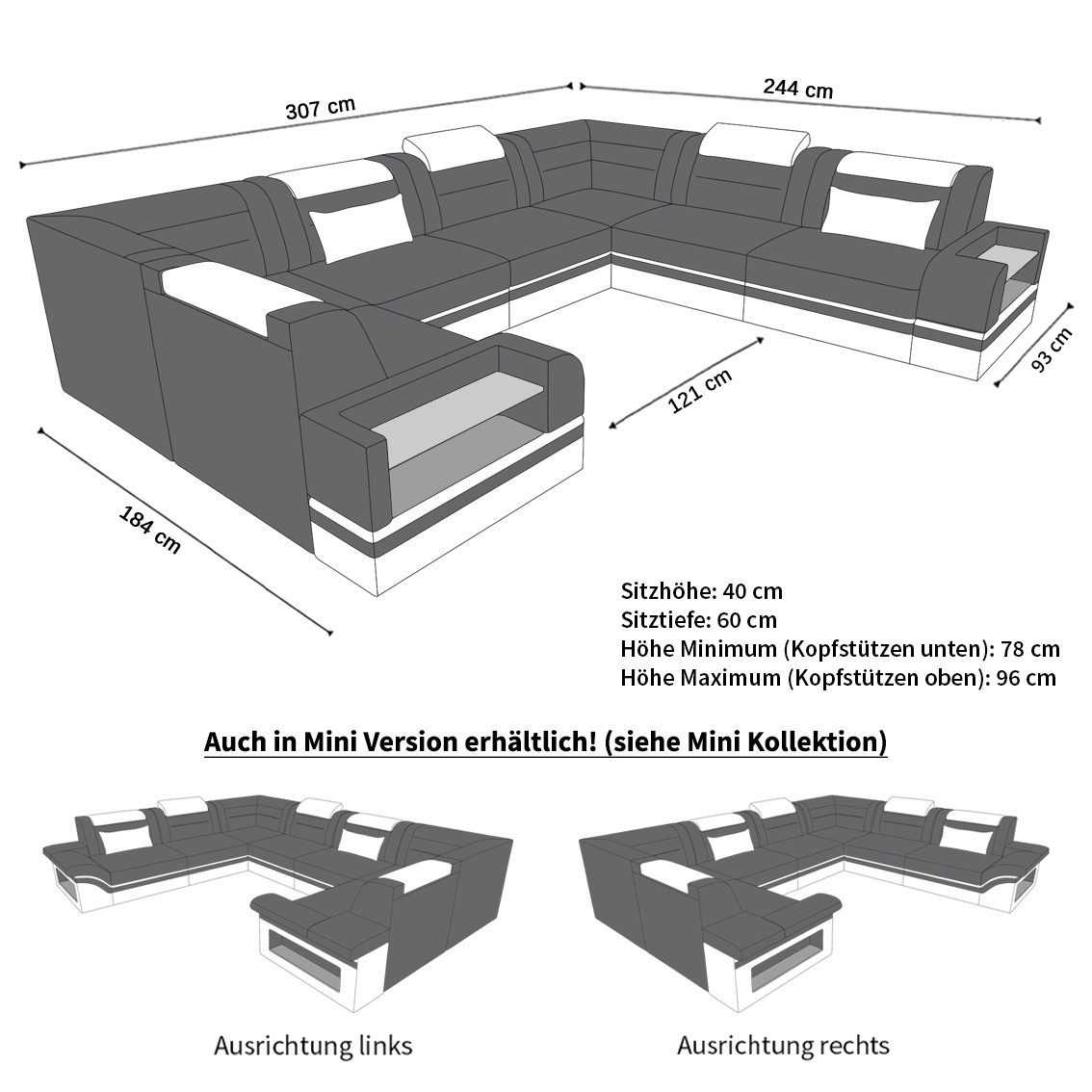 Maße für U Form Sofa Trivento Mini mit Stoffbezug