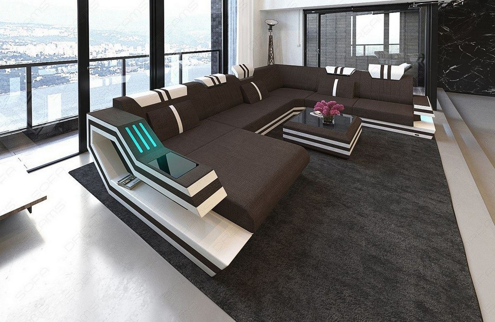 Details About Wohnlandschaft Sofa Couch Ravenna Xxl Form Mit Led Beleuchtung Ottomane Usb