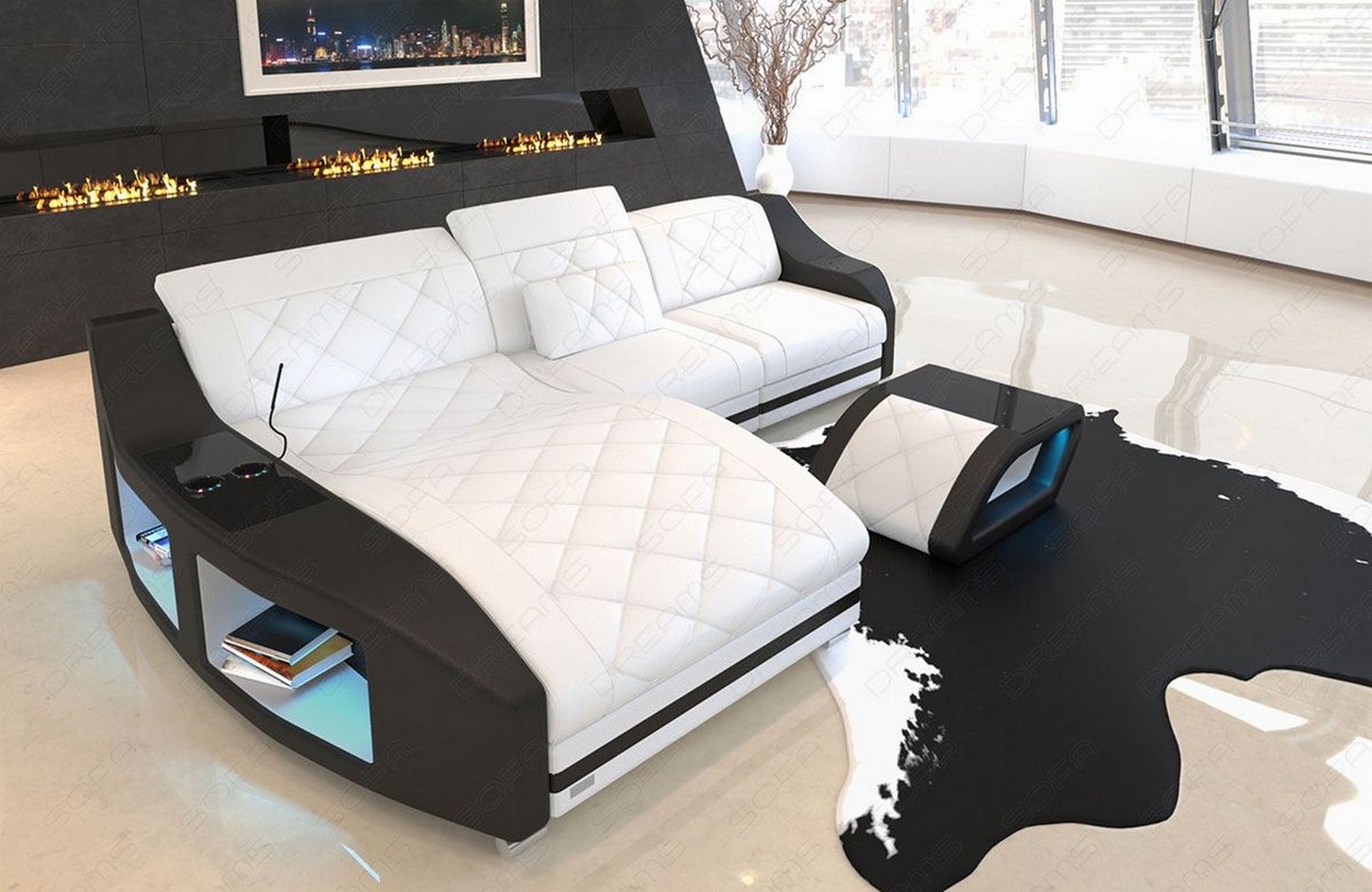 Ecksofa Sofa Relax Couch Swing L Stoff Modern Schwarz Becherhalter Ottomane  LED