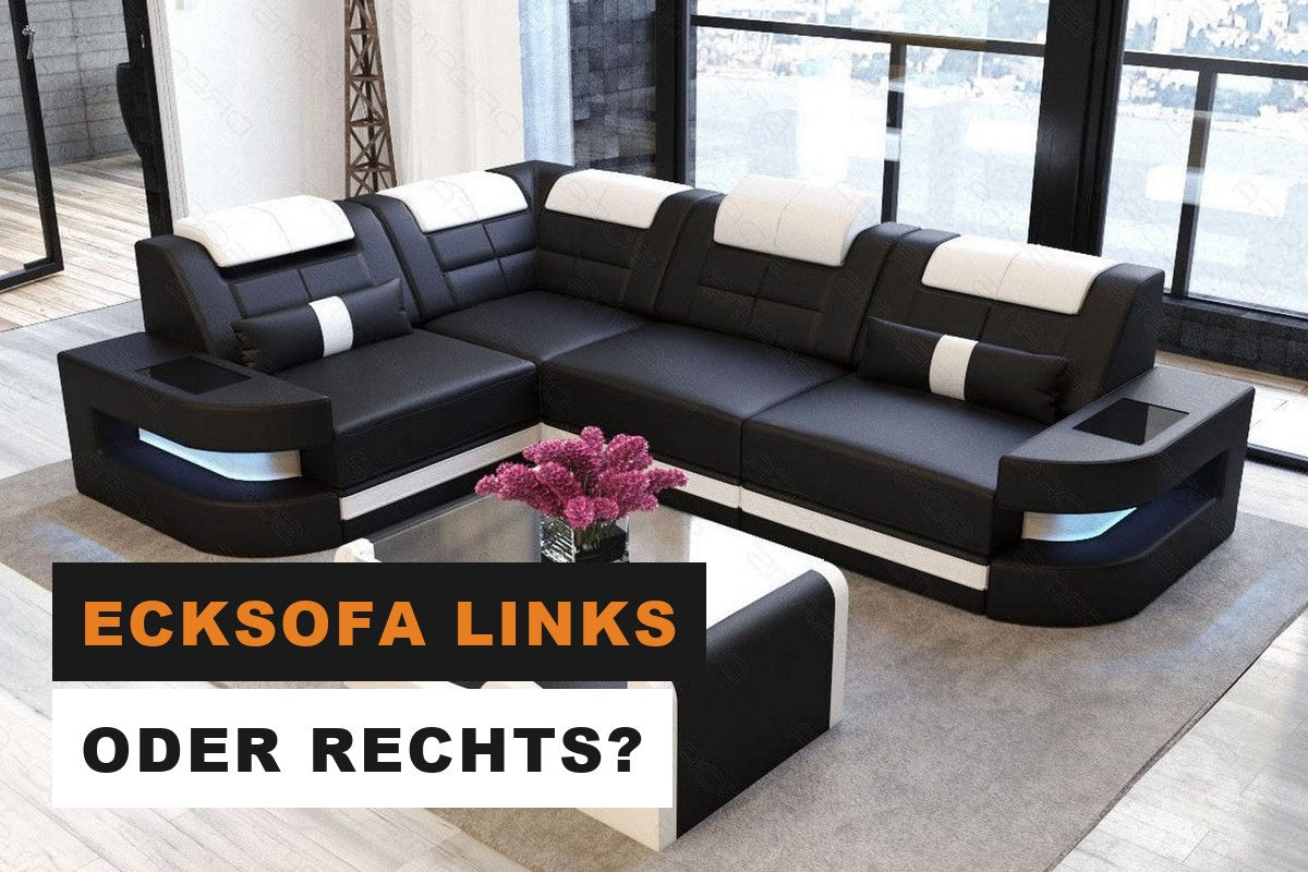 Schwarzes Ledersofa in L-Form mit Ottomane in einem modernen Wohnzimmer