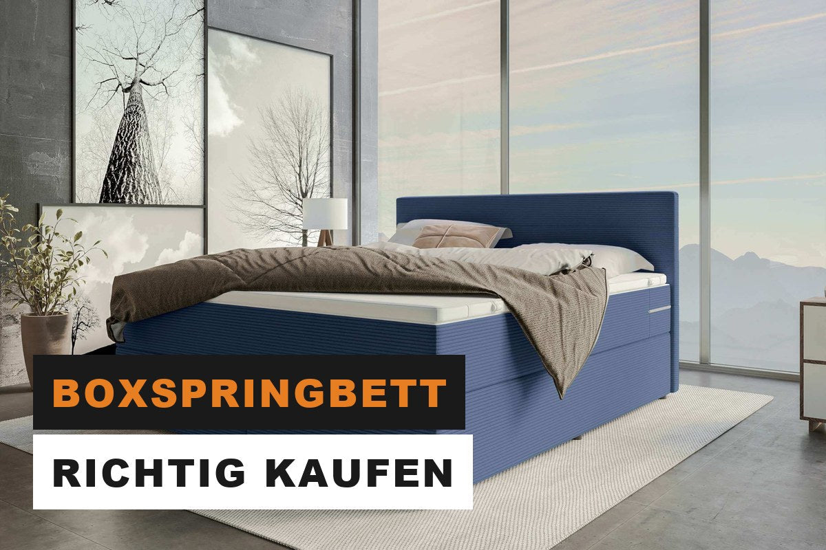 Boxspringbett in Cord mit hohem Kopfteil in einem modernen Schlafzimmer