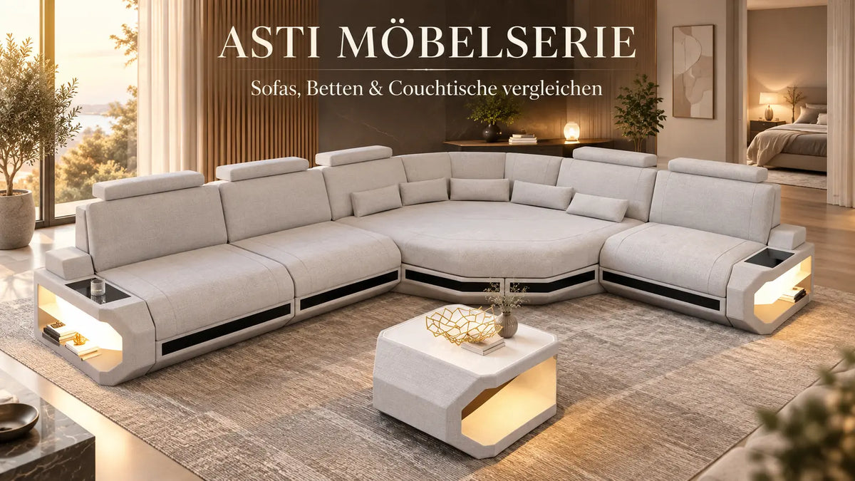 Asti Möbelserie – Sofa Dreams Wohnlandschaft und Couchtisch im modernen Wohnraum