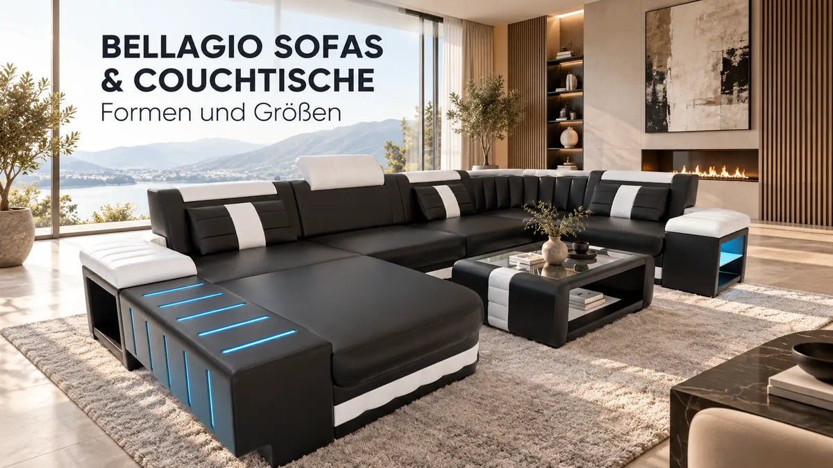 Bellagio Sofas und Couchtische – moderne Wohnlandschaft mit LED-Beleuchtung von Sofa Dreams