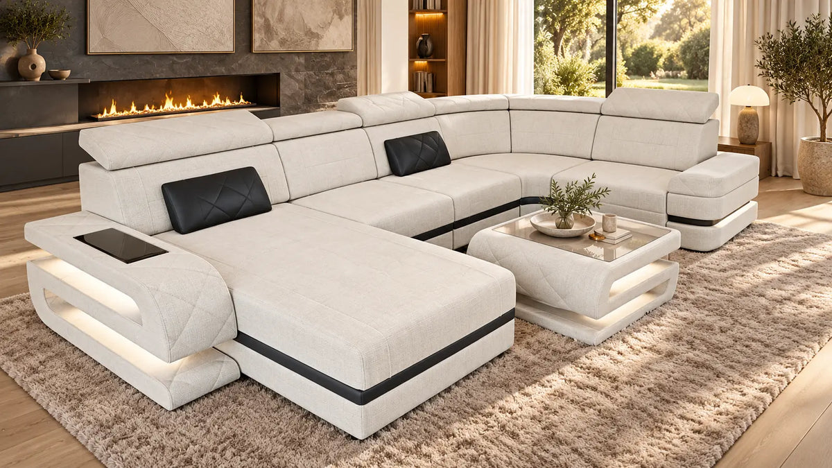 Bologna Sofas – helle Sofa Dreams Wohnlandschaft mit Couchtisch in einem hochwertigen Wohnzimmer
