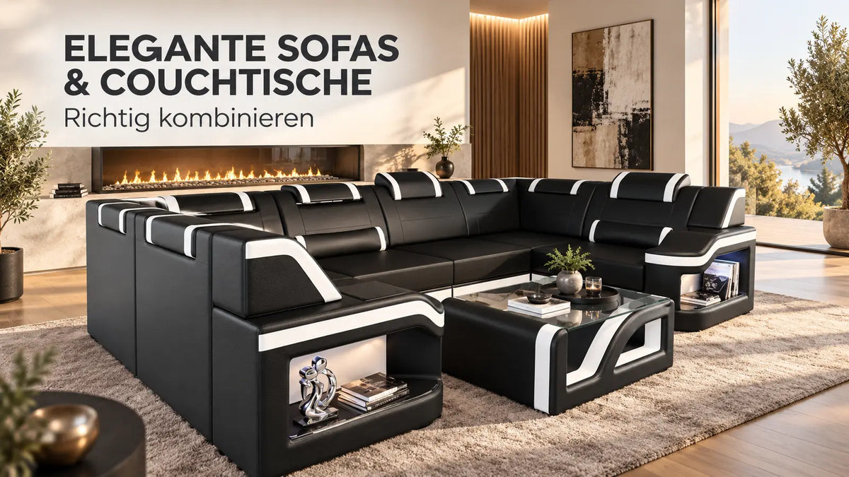 Elegante Sofas und Couchtische – schwarze und weiße Wohnlandschaft aus dem Sofa Dreams Sortiment