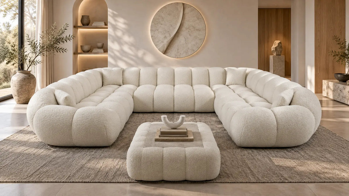 Weiße Maleron Wohnlandschaft in Panorama-U-Form mit weicher Bouclé-Optik in einem modernen Wohnzimmer