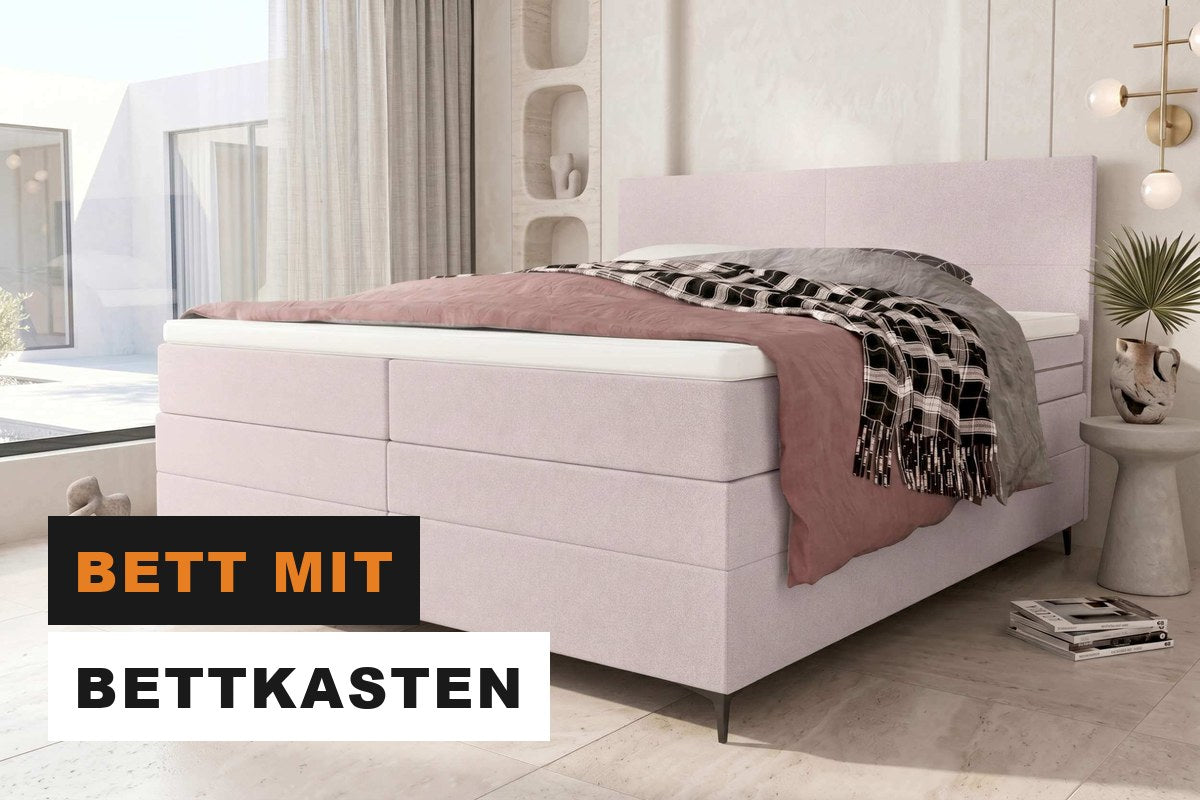 Modernes Bett mit gepolstertem Kopfteil und Stauraum im Schlafzimmer