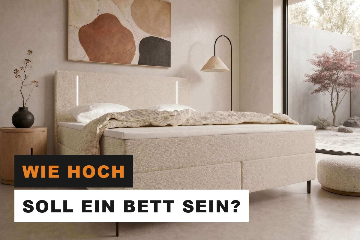 Modernes Bett mit hohem Kopfteil in einem hellen, gemütlichen Schlafzimmer