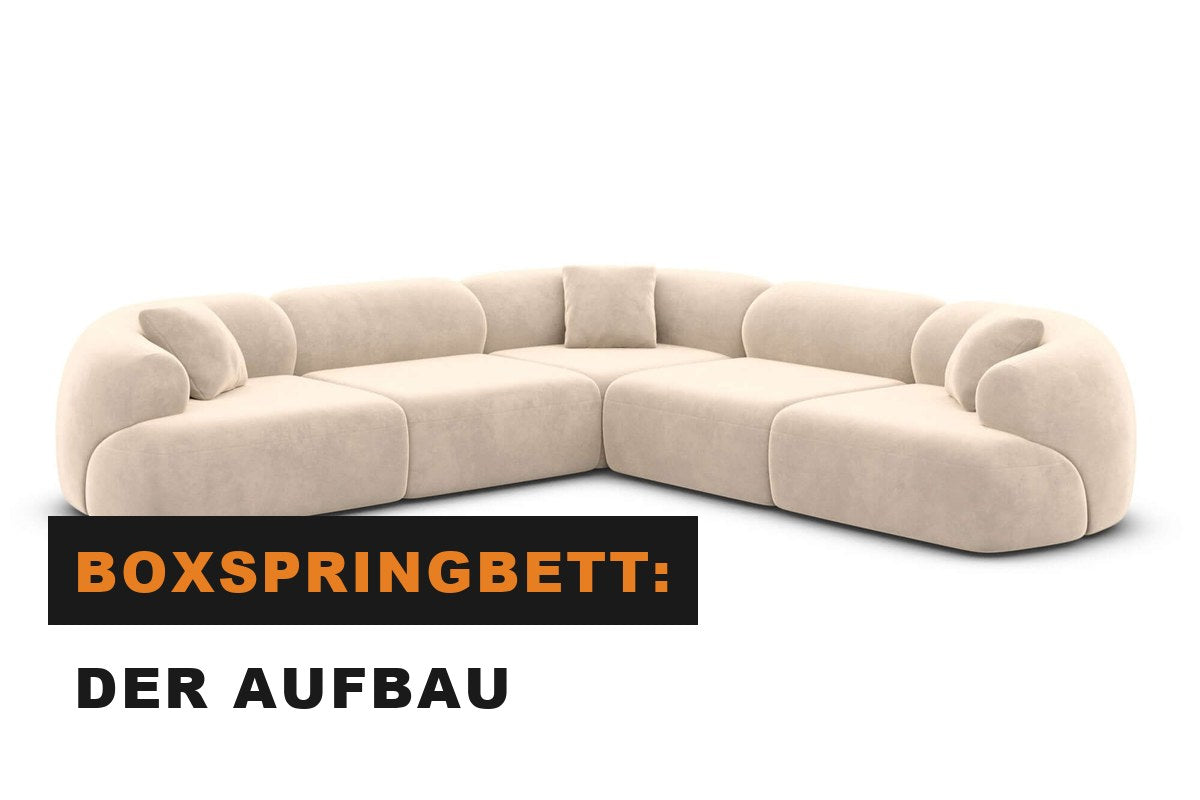 Boxspringbett im Schnitt mit sichtbaren Schichten aus Box, Matratze und Topper