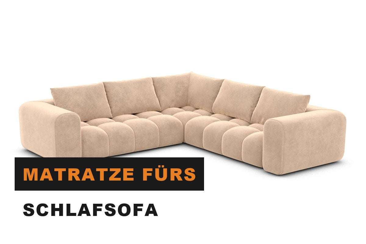Ausgeklapptes Schlafsofa mit passender Matratze und Bettwäsche