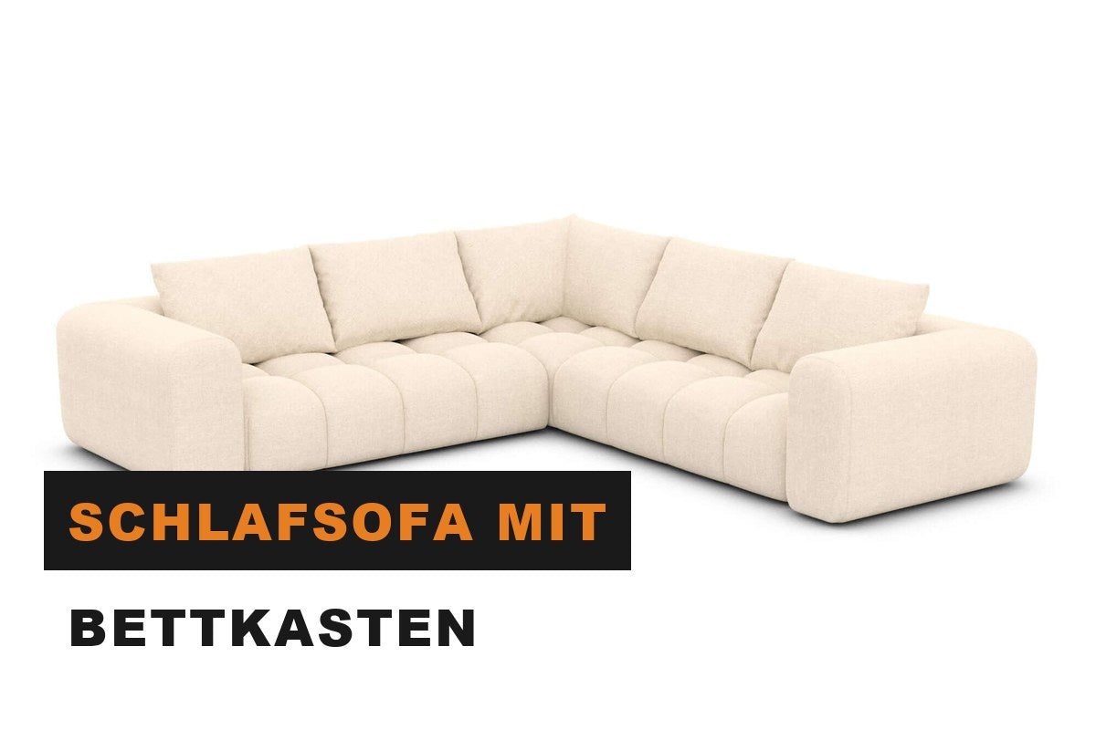 Schlafsofa mit geöffnetem Bettkasten und verstauter Bettwäsche