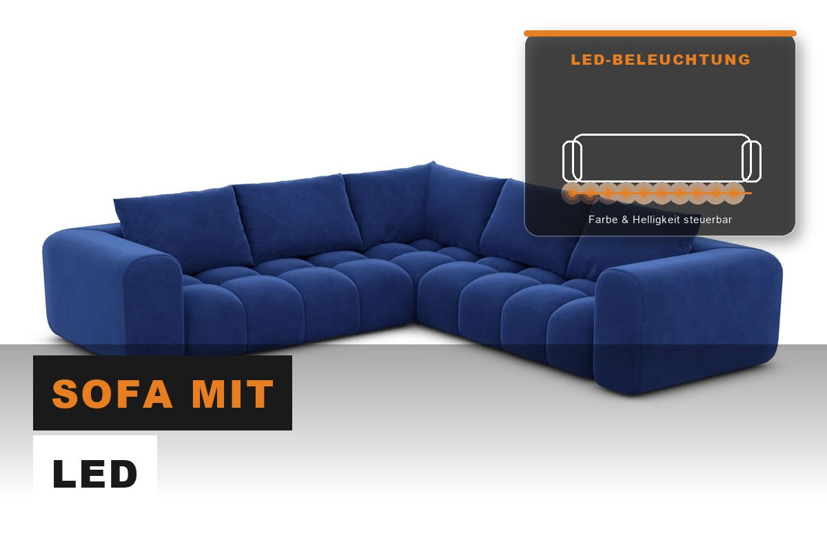 Blaues Ecksofa mit Darstellung der LED-Beleuchtung