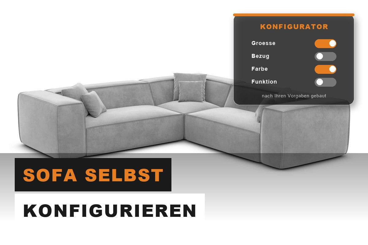 Graues Ecksofa mit Auswahlfeldern eines Sofa-Konfigurators