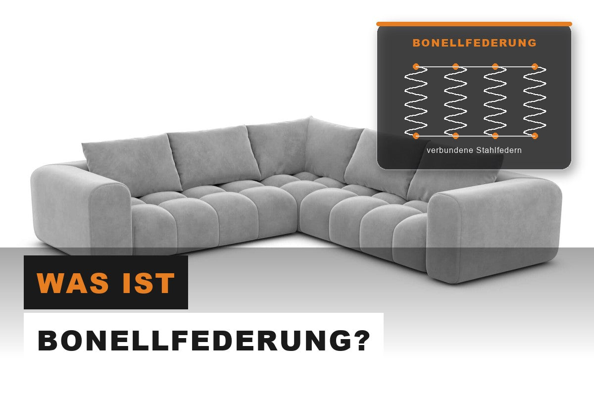 Graues Ecksofa mit Schema einer Bonellfederung