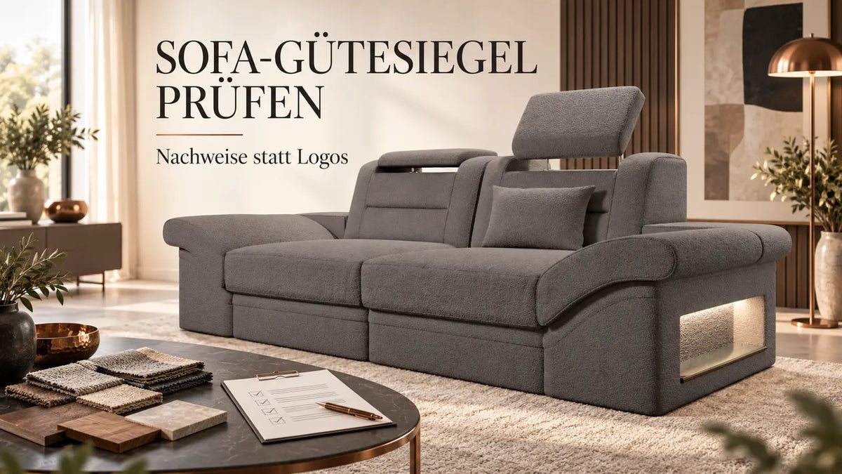 Sofa-Gütesiegel prüfen – Sofa Dreams Sofa mit Materialmustern und neutralem Nachweis