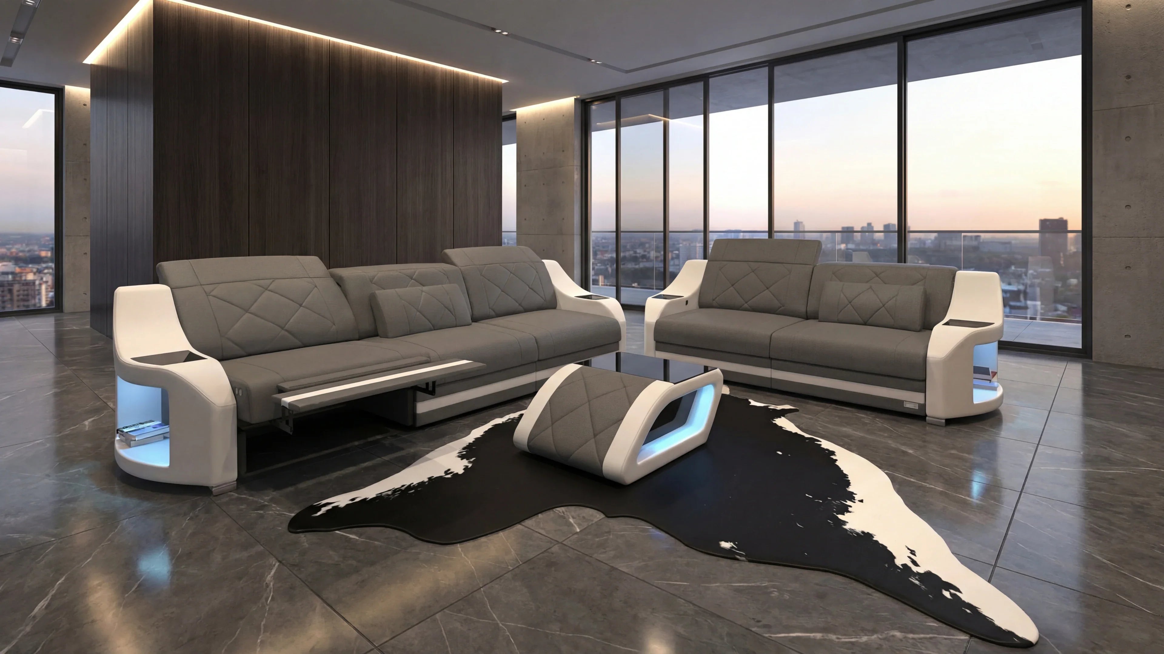 Modernes Wohnzimmer mit eleganten Sofagarnituren & Couchgarnituren in Leder-Optik und stilvollem Design.