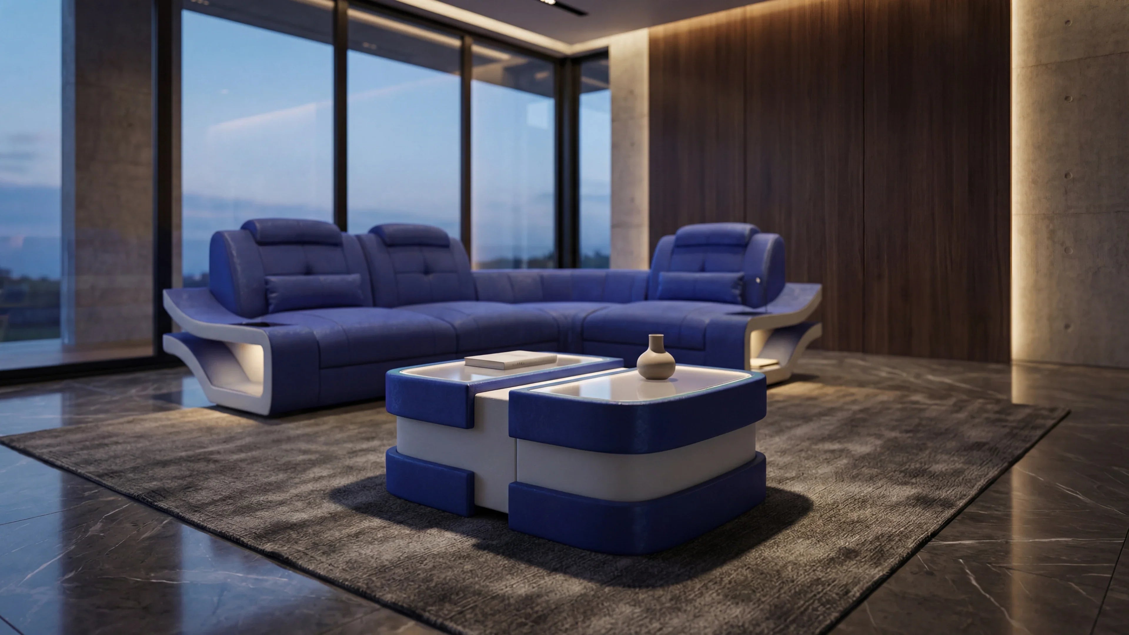 Modernes Stoff Ecksofa in L-Form mit verstellbaren Kopfstützen in elegantem Wohnzimmer, Beleuchtung und Panoramafenster.