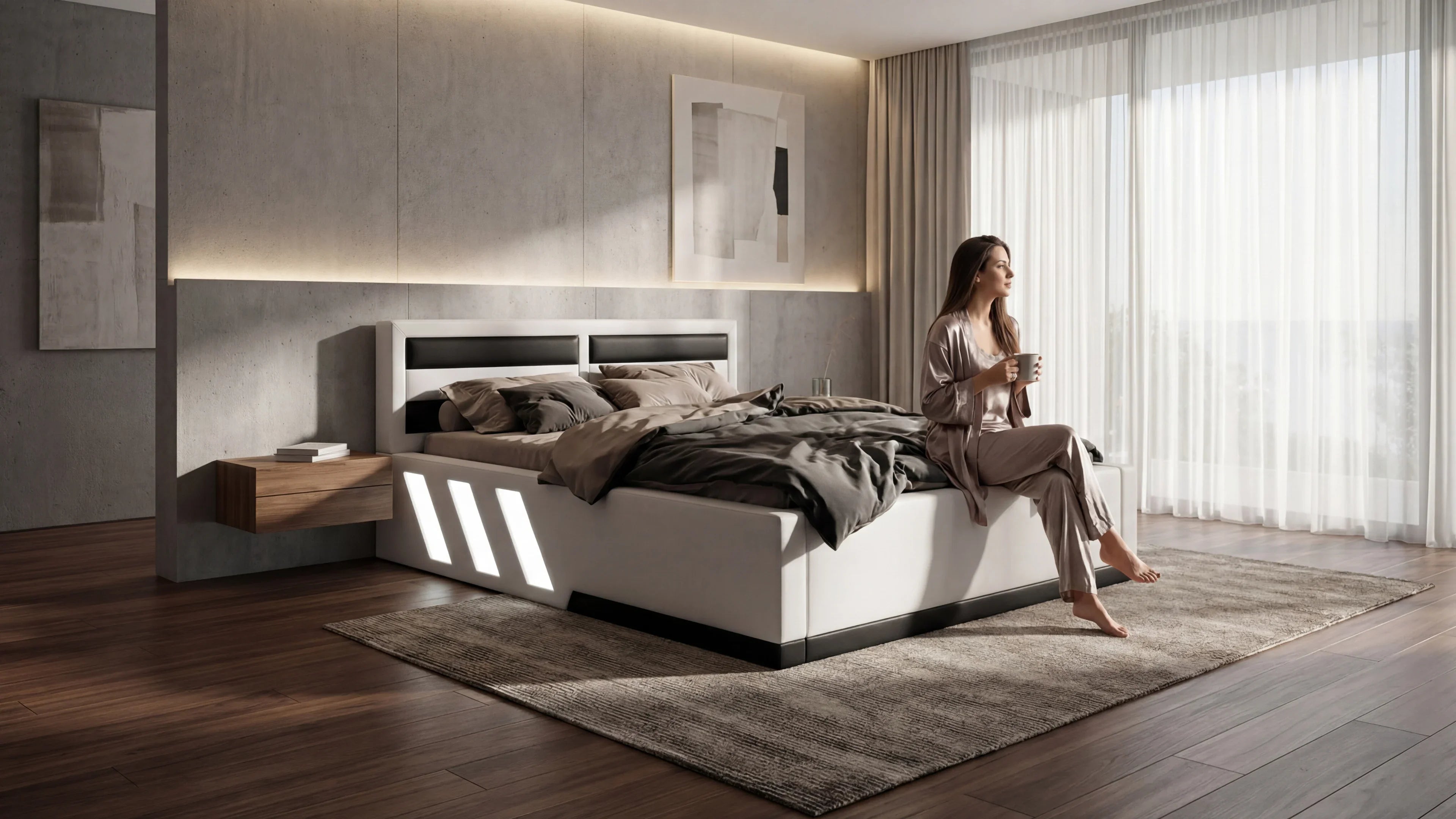 Moderne Designerbetten in einem stilvollen Schlafzimmer, zeigen eine elegante Frau und hochwertige Bettgestelle bei Sofa Dreams.