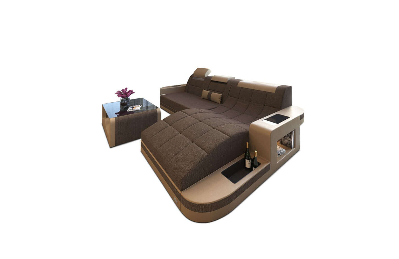 Materialmix Stoffsofa Wave L-Form Braun-Sandbeige
