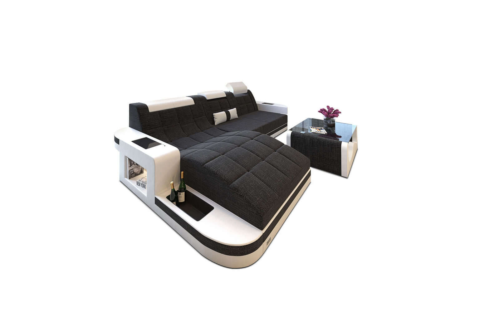Materialmix Stoffsofa Wave L-Form Schwarzgrau-Weiß