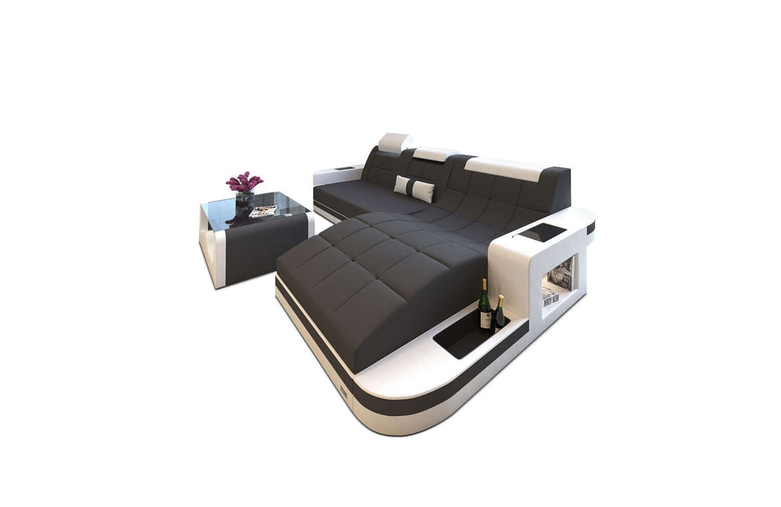 Materialmix Stoffsofa Wave L-Form Dunkgelgrau-Weiß