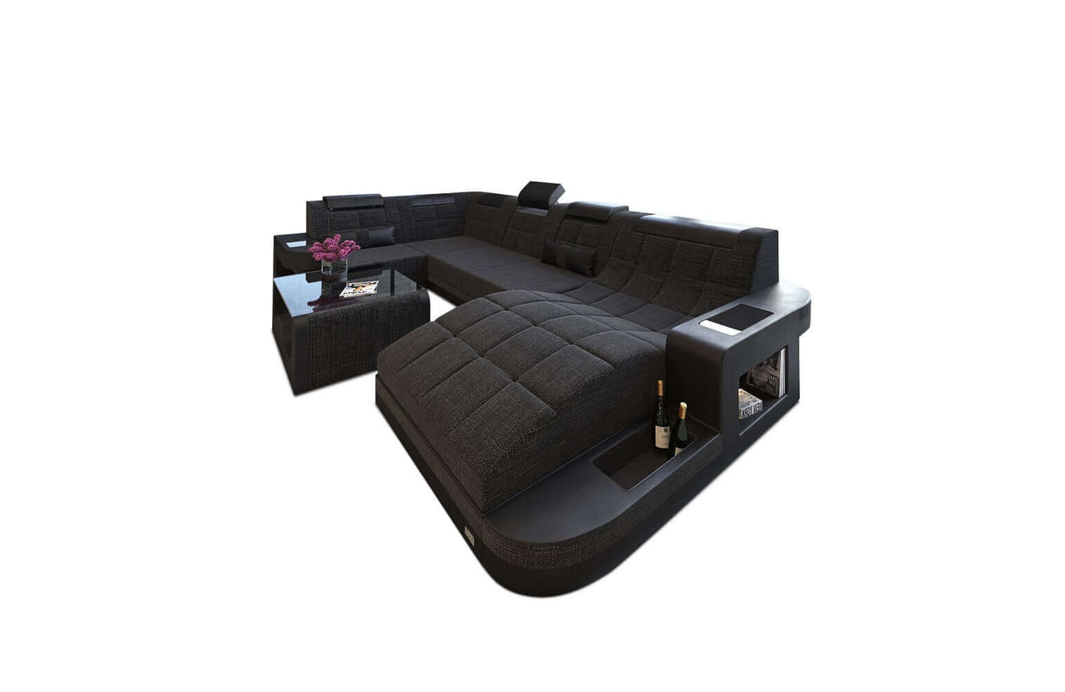 Stoff Wohnlandschaft Wave U-Form mit LED Schwarzgrau-Schwarz