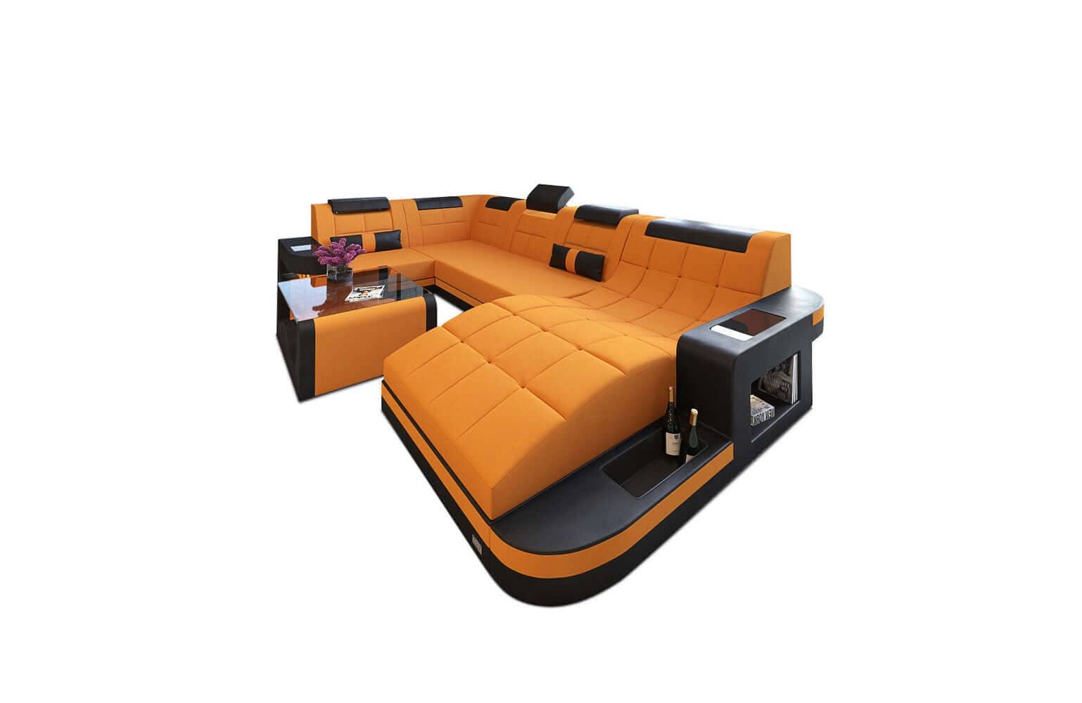 Stoff Wohnlandschaft Wave U-Form mit LED Apricot-Schwarz