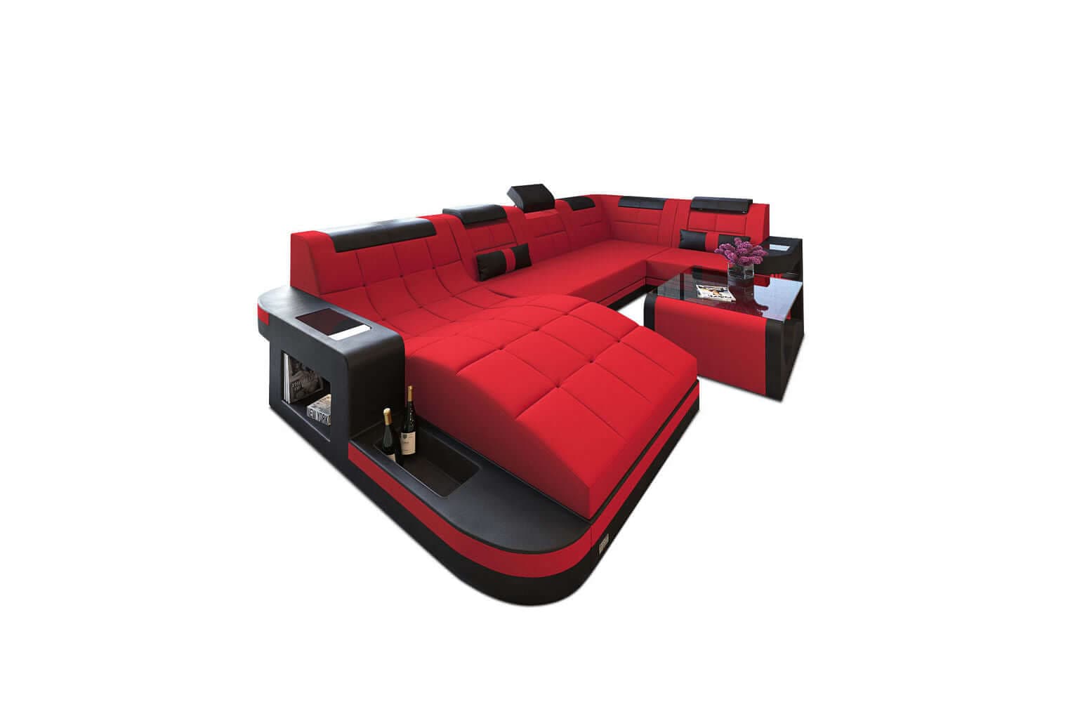 Stoff Wohnlandschaft Wave U-Form mit LED Rot-Schwarz