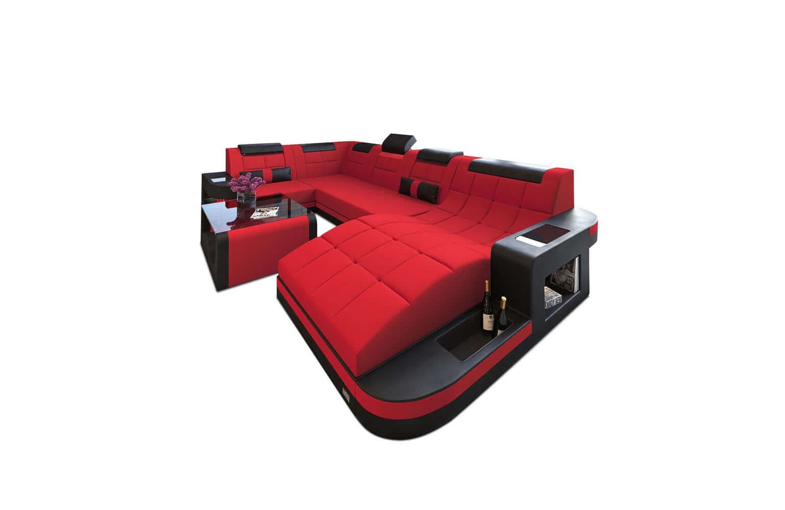 Stoff Wohnlandschaft Wave U-Form mit LED Rot-Schwarz