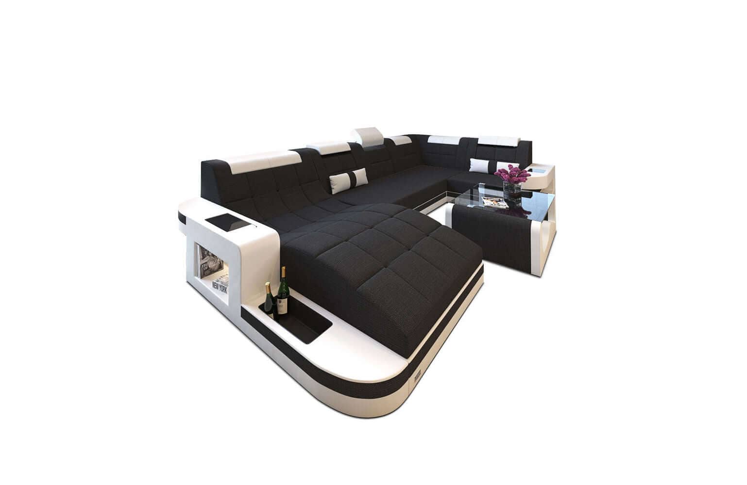 Stoff Wohnlandschaft Wave U-Form mit LED Schwarz-Weiß