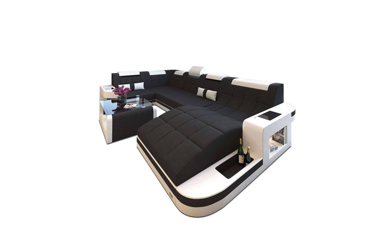 Stoff Wohnlandschaft Wave U-Form mit LED Schwarz-Weiß