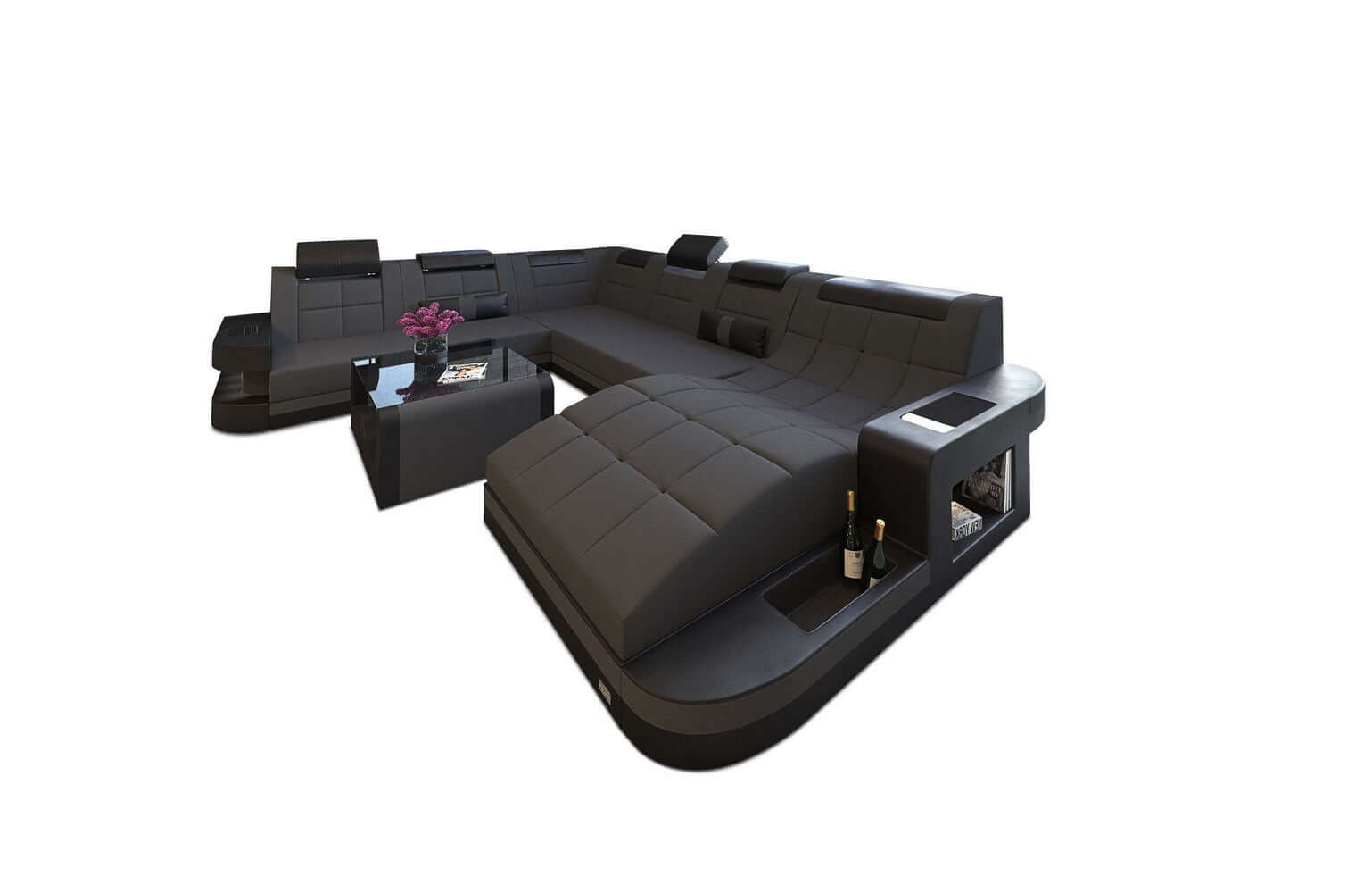 Stoff Wohnlandschaft Wave XL Materialmix Dunkelgrau-Schwarz
