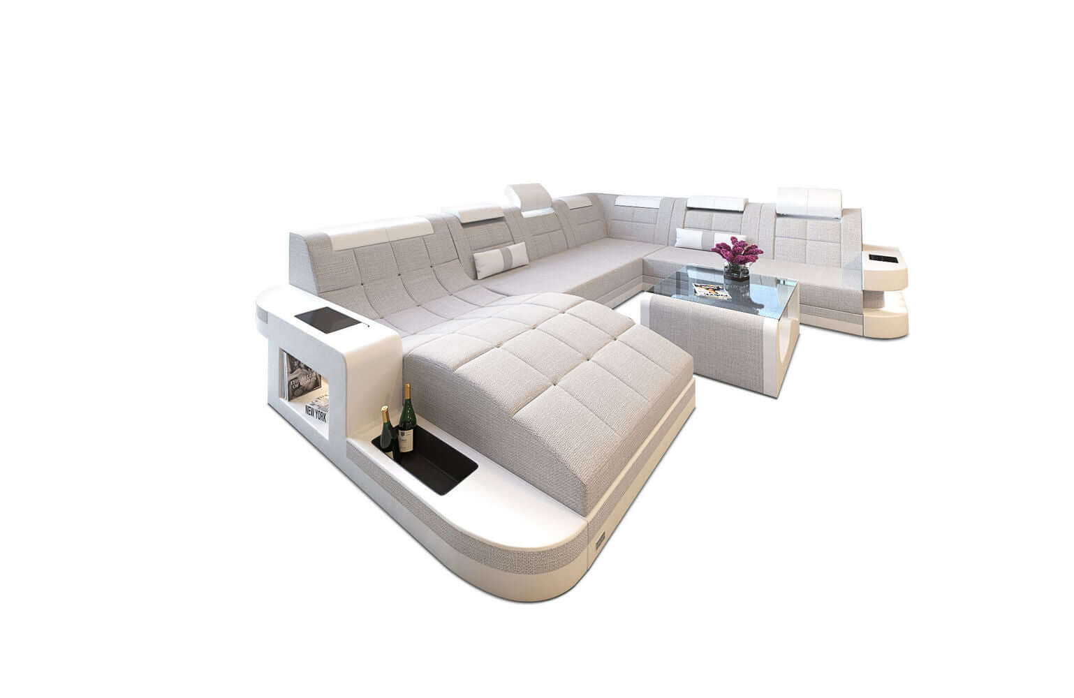 Stoff Wohnlandschaft Wave XL Materialmix Macchiato-Weiß