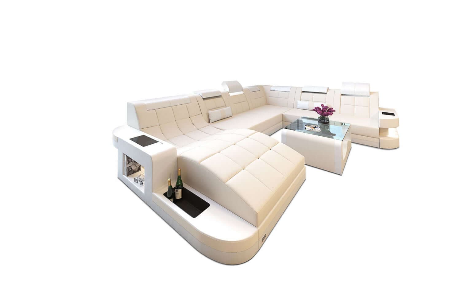 Stoff Wohnlandschaft Wave XL Materialmix Elfenbein-Weiß