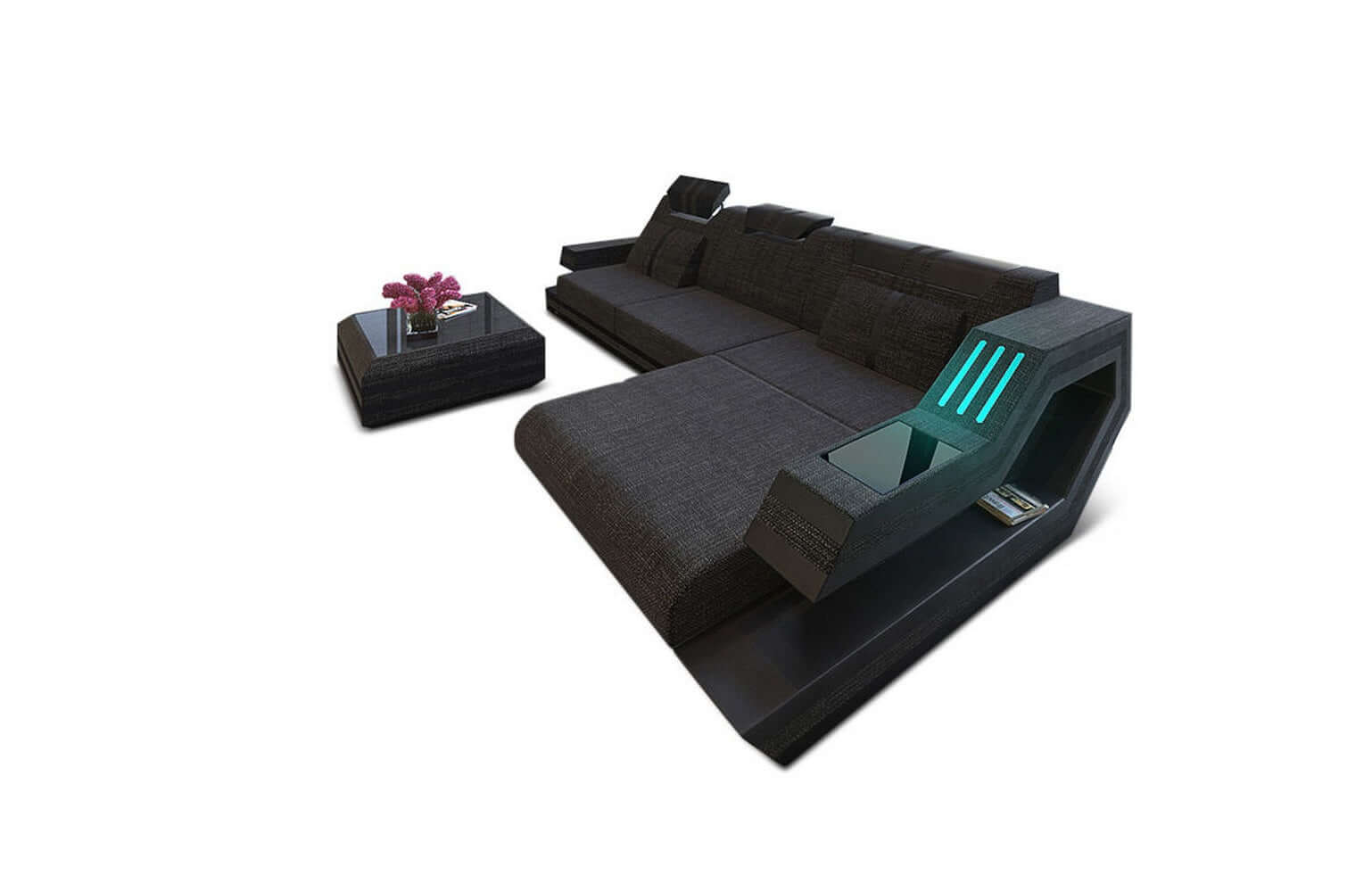 Polstersofa Materialmix Ravenna L-Form LED Schwarzgrau-Schwarz