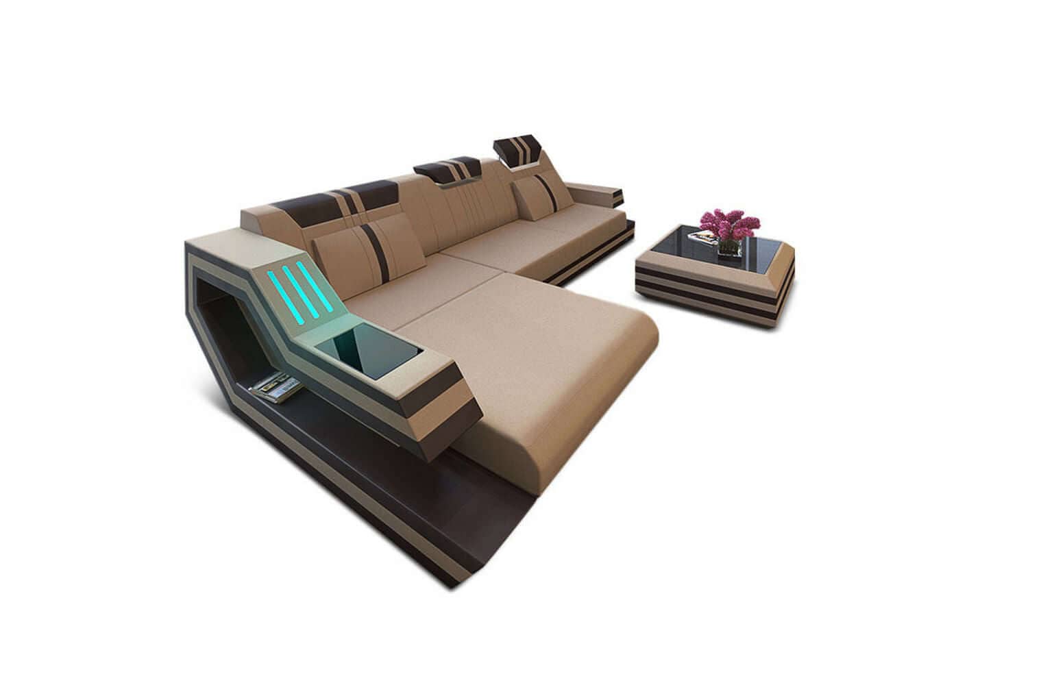 Polstersofa Materialmix Ravenna L-Form LED Cappuccino-Schwarz