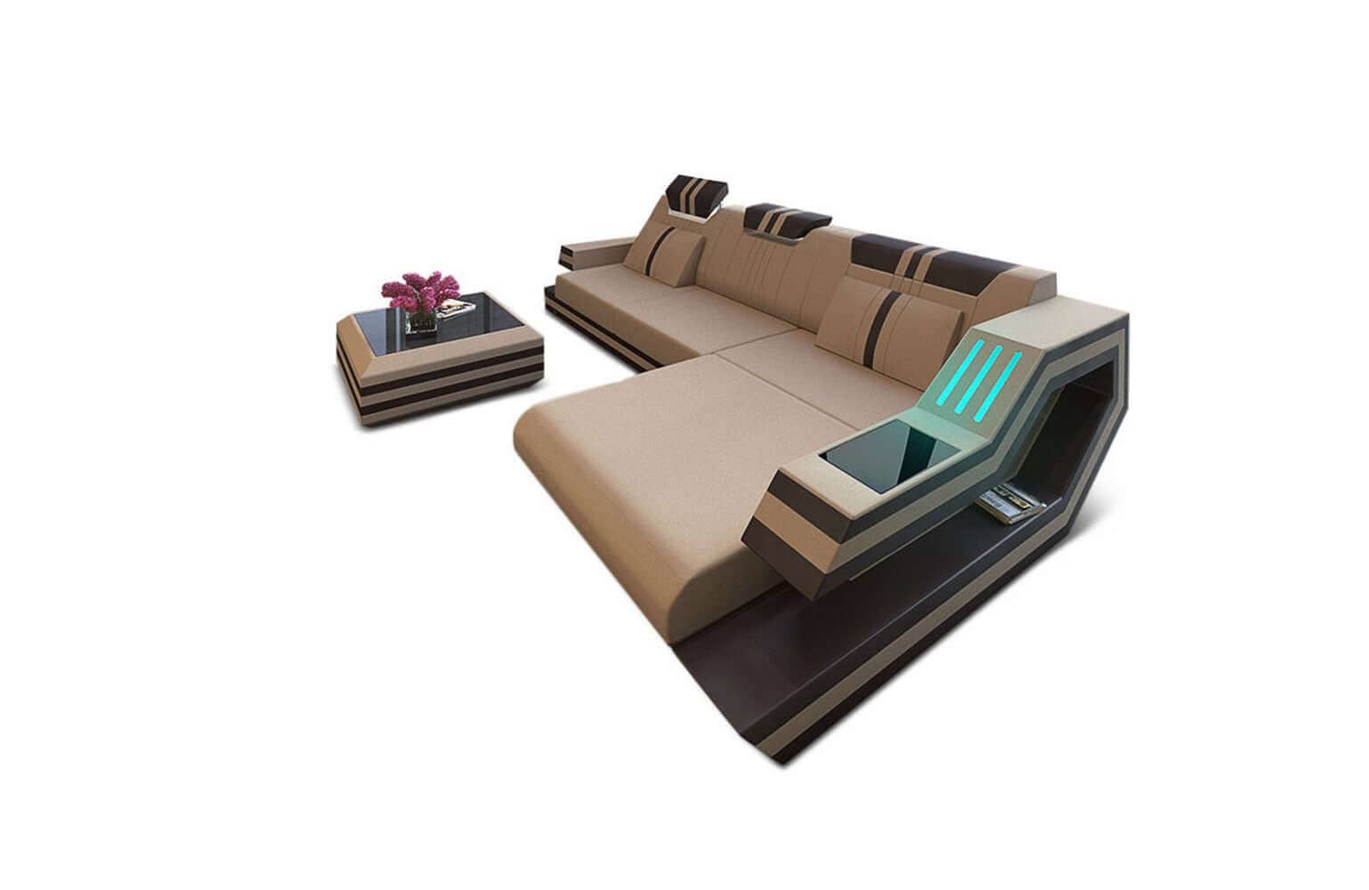 Polstersofa Materialmix Ravenna L-Form LED Cappuccino-Schwarz