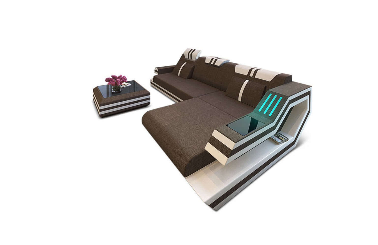 Polstersofa Materialmix Ravenna L-Form LED Braun-Weiß