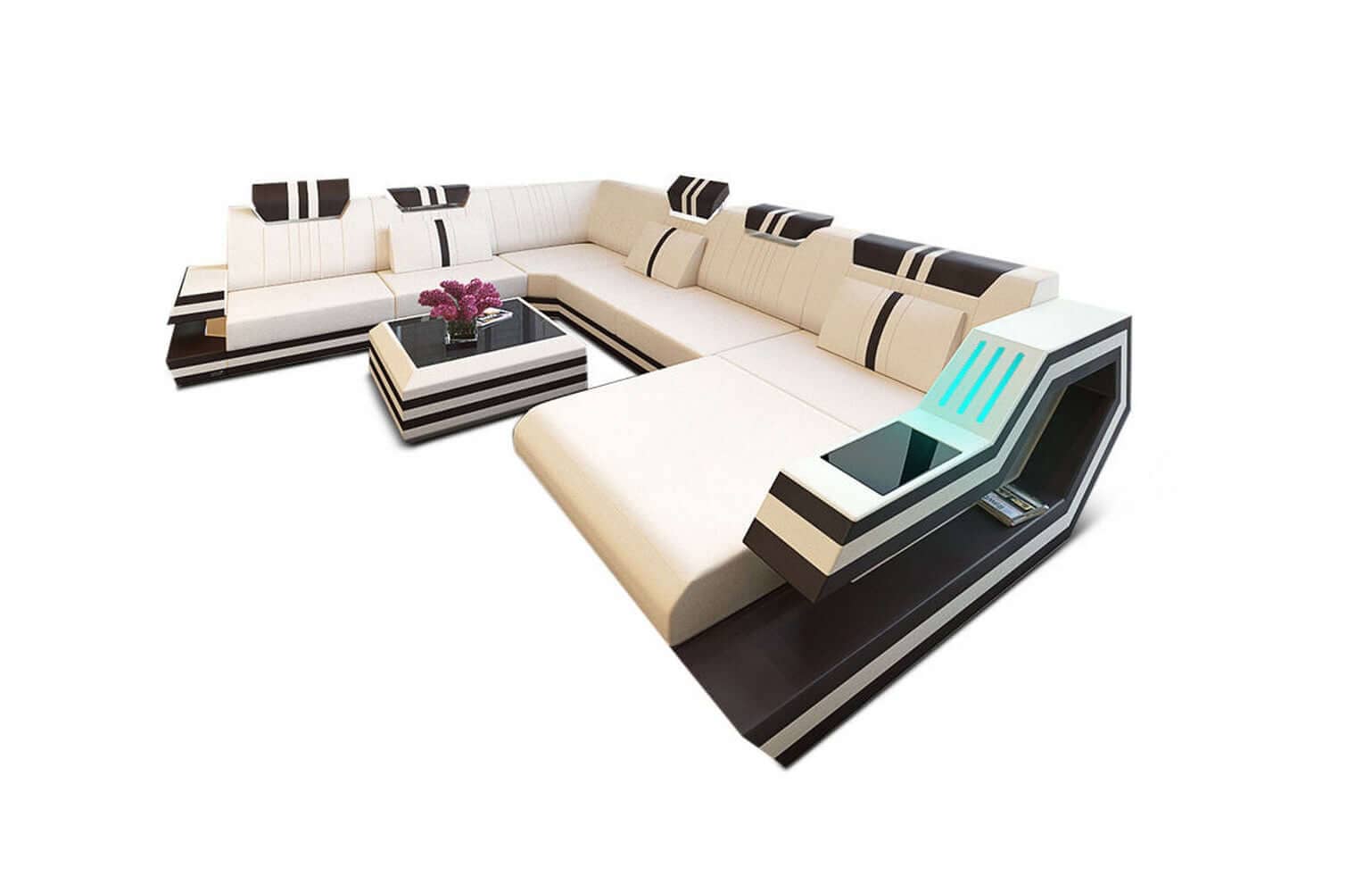 Leder-Stoff-Mix Wohnlandschaft Ravenna XL LED Elfenbein-Dunkelbraun