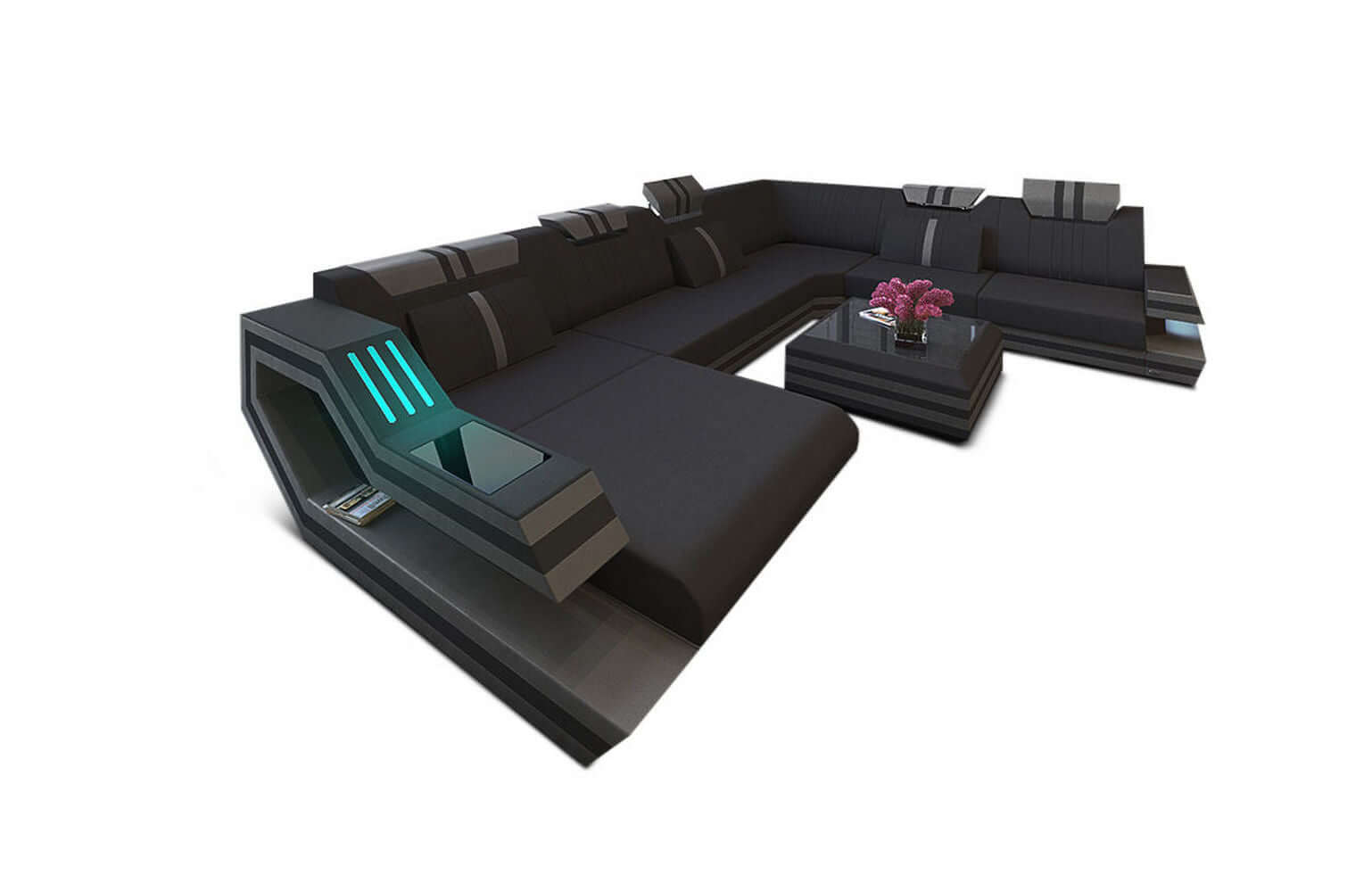Leder-Stoff-Mix Wohnlandschaft Ravenna XL LED Schwarz-Grau