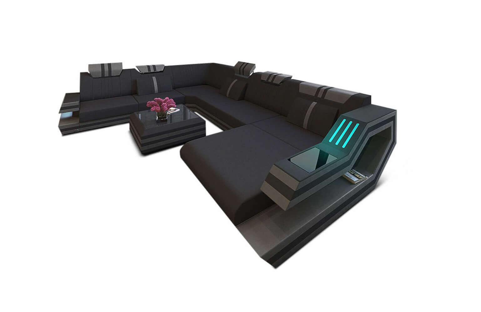 Leder-Stoff-Mix Wohnlandschaft Ravenna XL LED Schwarz-Grau