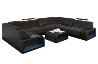Stoff Ecksofa Pesaro mit LED Beleuchtung in Strukturstoff und der Farbe Schwarzgrau und Schwarz - Ausrichtung rechts