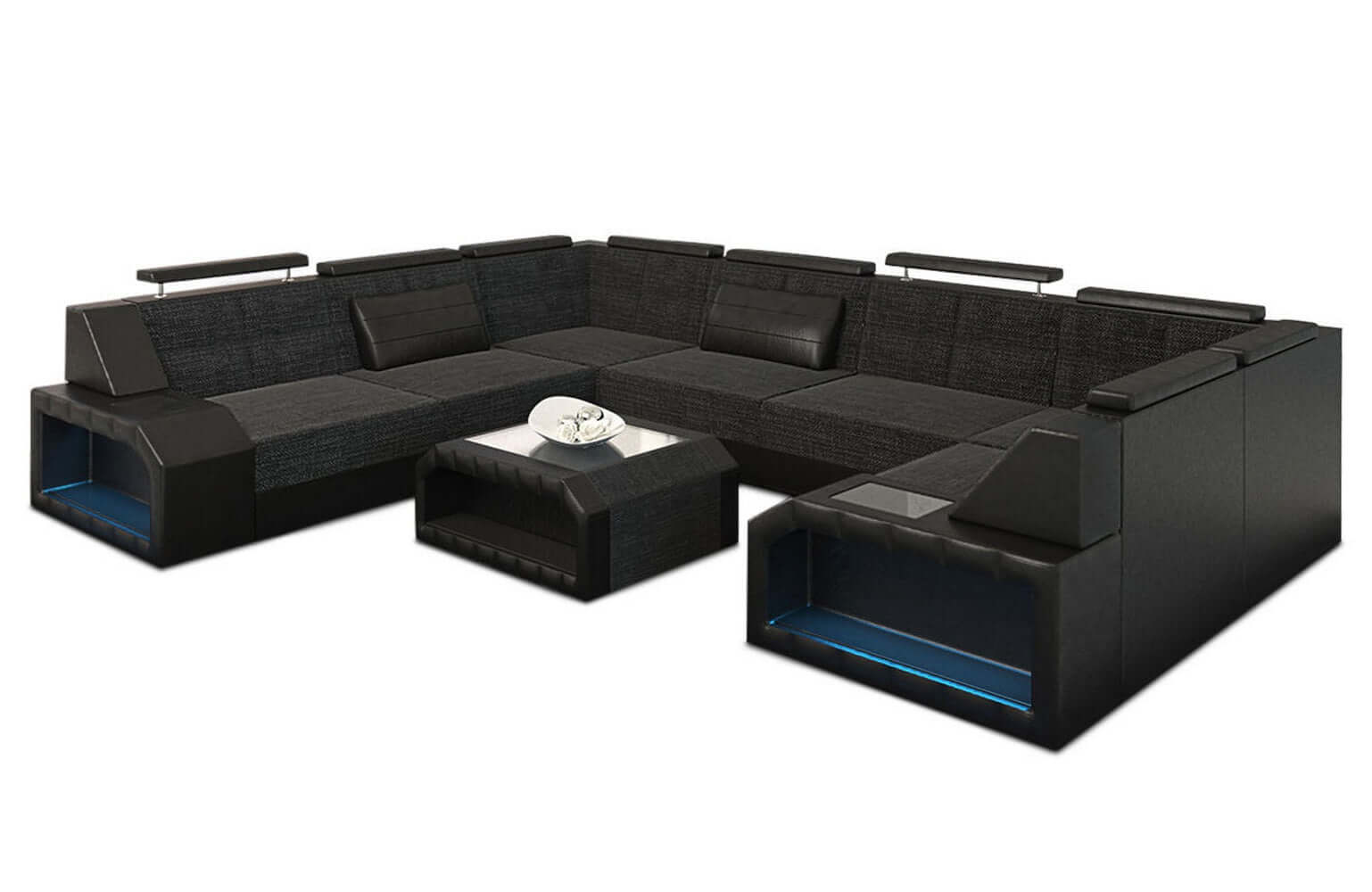 Stoff Ecksofa Pesaro mit LED Beleuchtung Schwarzgrau-Schwarz