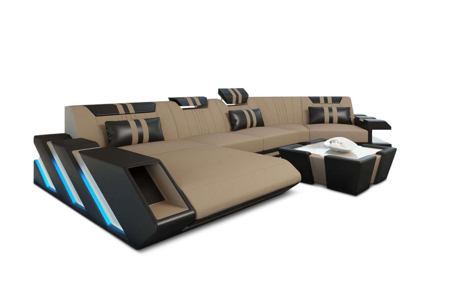 Stoff Wohnlandschaft Apollonia C-Form Cappuccino-Schwarz