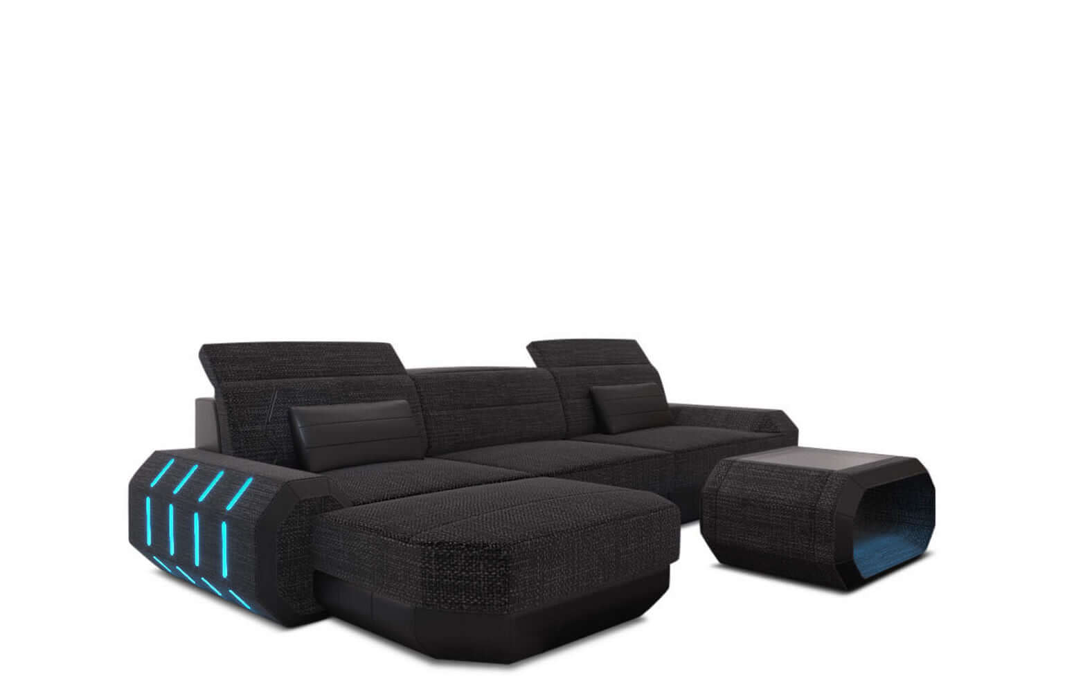 Design Stoffsofa Roma L-Form, Led Schwarzgrau-Schwarz