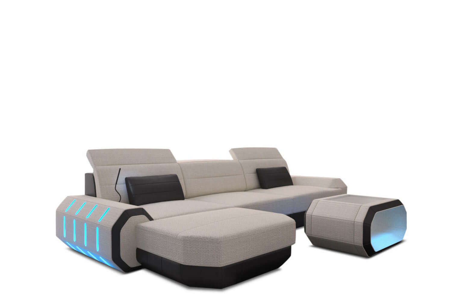 Design Stoffsofa Roma L-Form, Led Elfenbein-Schwarz