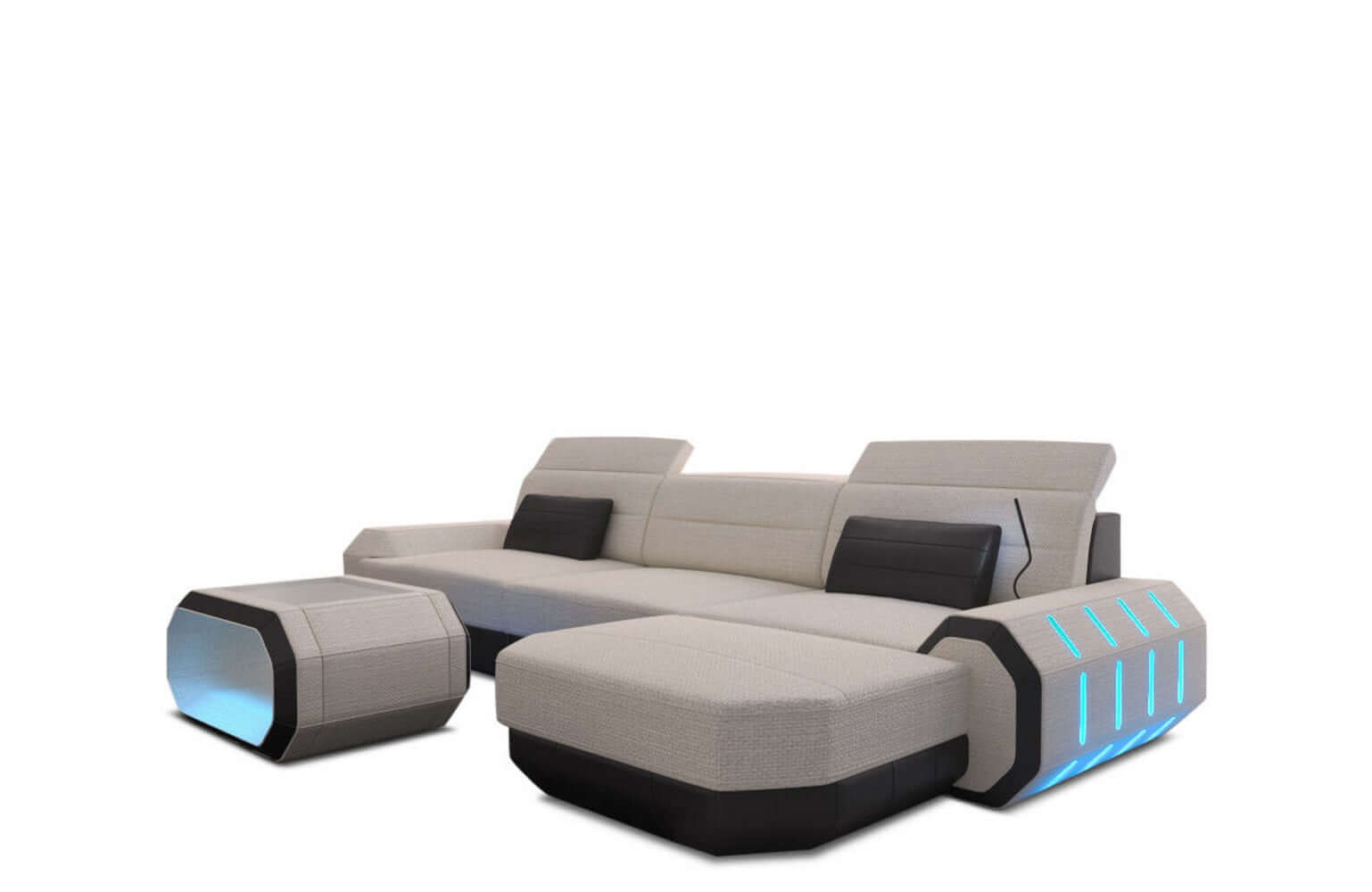 Design Stoffsofa Roma L-Form, Led Elfenbein-Schwarz
