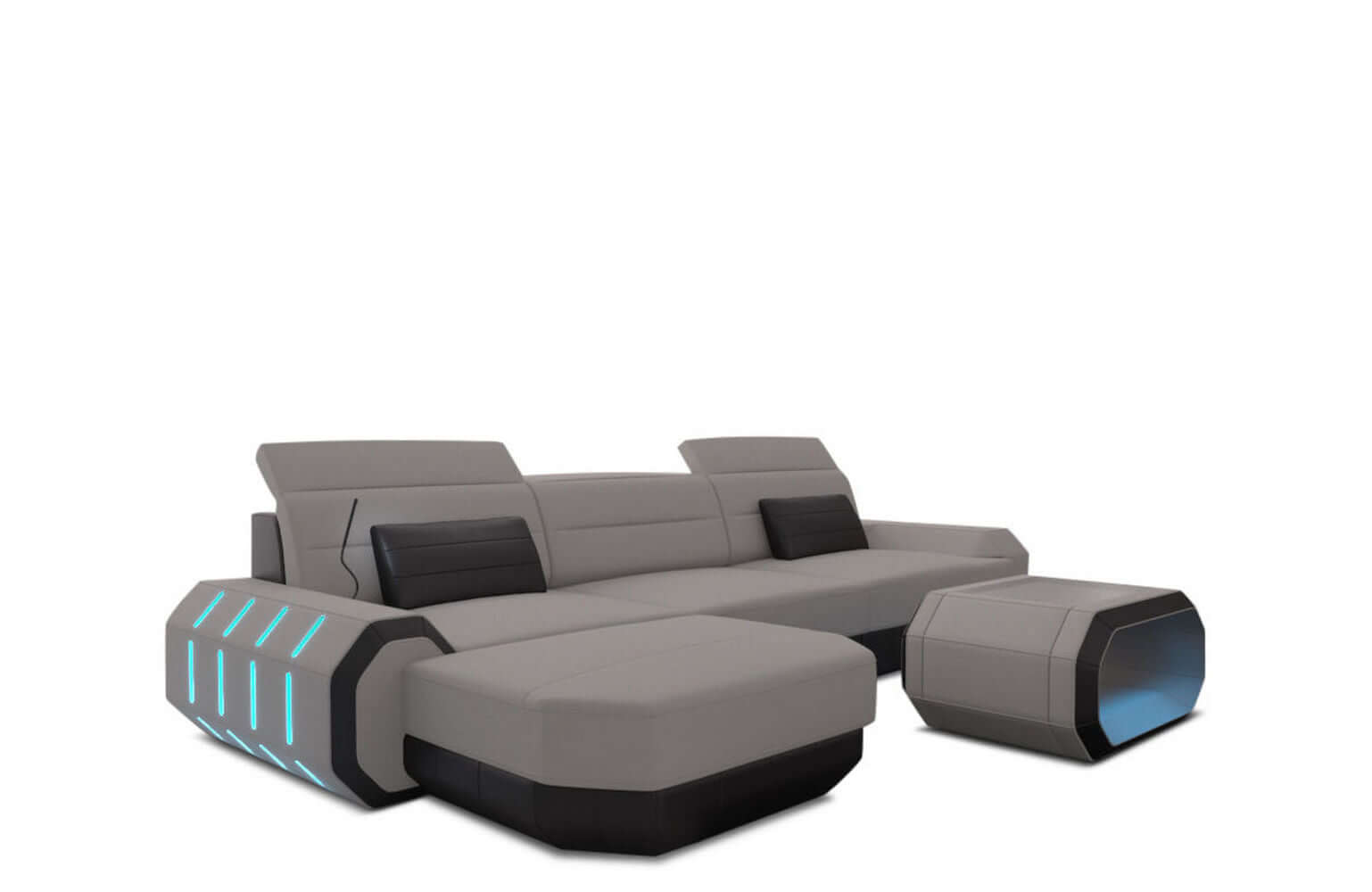 Design Stoffsofa Roma L-Form, Led Hellgrau-Schwarz